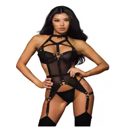 Stretch Mesh Elastic Bustier with Matching G-string Black